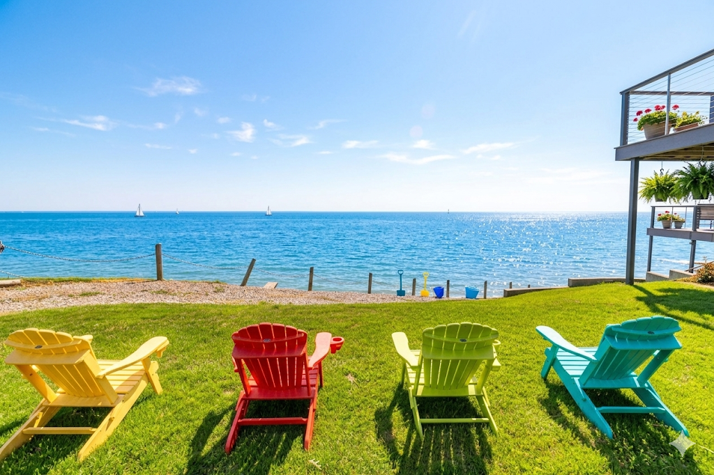Colorful Adirondack chairs on green grass overlooking Lake Erie, with sailboats on the water and a clear blue sky